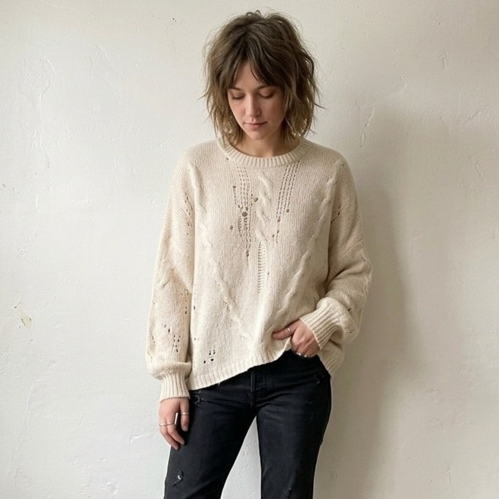 Skull Cashmere Sweater Womens Large Cream Cable Knit‎ Pointelle 100% Cashmere
